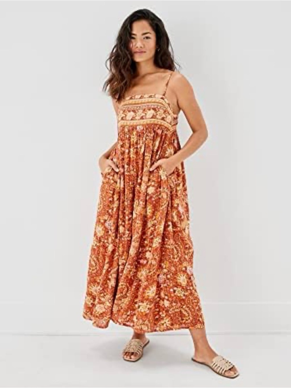 American Eagle Bohemian Rust Floral Cotton Tube Maxi Dress with Spaghetti Straps